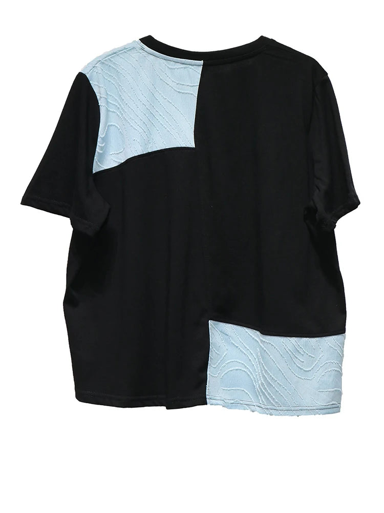 Women Black Color-block Textured Big Size T-shirt New Round Neck Short Sleeve Fashion Tide Spring Summer 2025 1DJ1220
