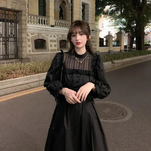 Load image into Gallery viewer, Gothic Black Lace Dress Women Casual Elegant Party Midi Ruffle Long Sleeve Dress Emo Y2k Goth Clothes Spring Robes
