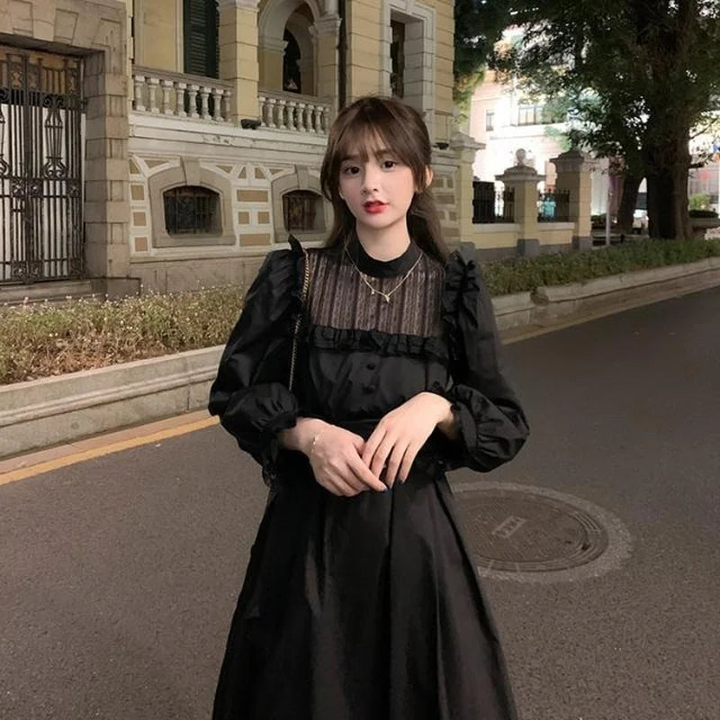 Gothic Black Lace Dress Women Casual Elegant Party Midi Ruffle Long Sleeve Dress Emo Y2k Goth Clothes Spring Robes