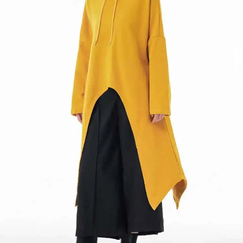 Load image into Gallery viewer, Yellow Irregular Midi Sweatshirt New Hooded Drawstring Long Sleeve Women Big Size Fashion Tide Spring Autumn 2025 1DH3876
