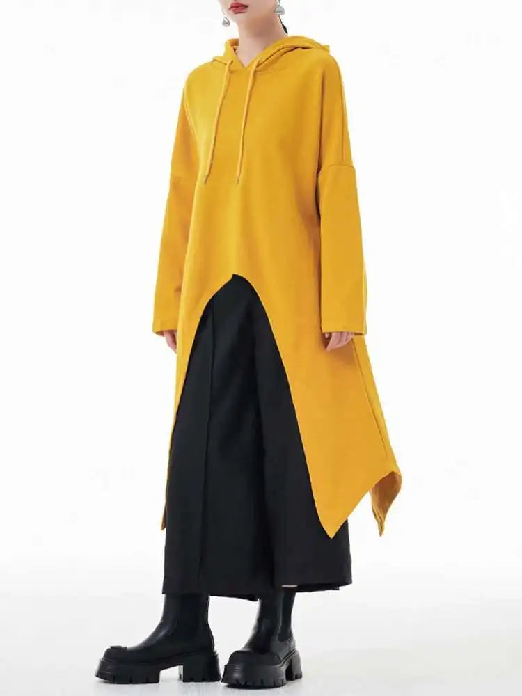 Yellow Irregular Midi Sweatshirt New Hooded Drawstring Long Sleeve Women Big Size Fashion Tide Spring Autumn 2025 1DH3876