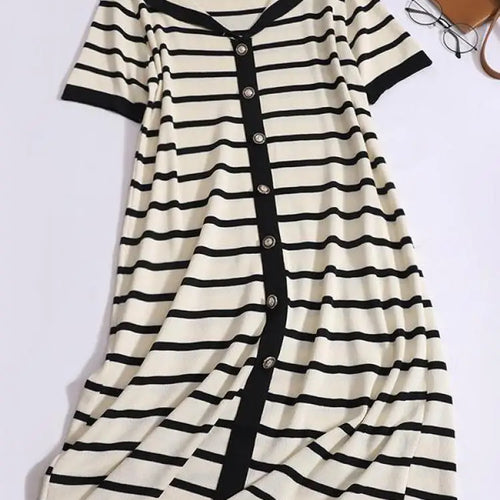 Load image into Gallery viewer, Summer Black White Striped Long Dress Women Red Patchwork Elegant Short Sleeve Fashion Single Breasted Holiday Dresses 2024 New
