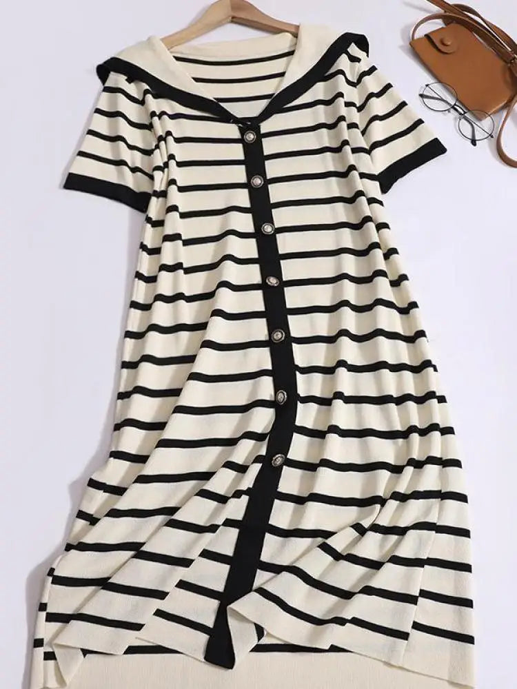Summer Black White Striped Long Dress Women Red Patchwork Elegant Short Sleeve Fashion Single Breasted Holiday Dresses 2024 New