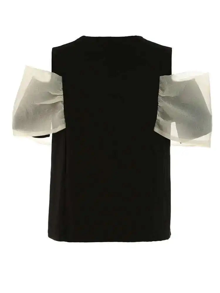 Women pink Color Mesh Bow Off Shoulder Elegant T-shirt New Round Neck Short Sleeve Fashion Tide Spring Summer 2025 1DF8193