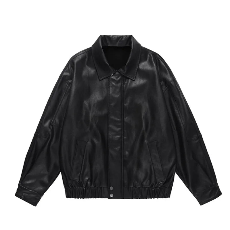 Men's PU Leather Jacket American Solid Color Motorcycle Jackets Streetwear Loose Turn-down Collar Trendy Spring 9W1462