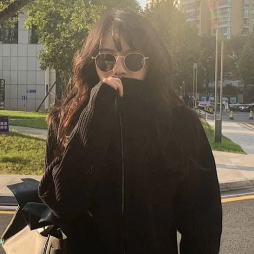 Load image into Gallery viewer, Y2k Aesthetic Harajuku Cardigan Mujer Kardigan Turtleneck Streetwear Grey Crop Tops Zipper 2025 Autumn All Match Solid  Sweater
