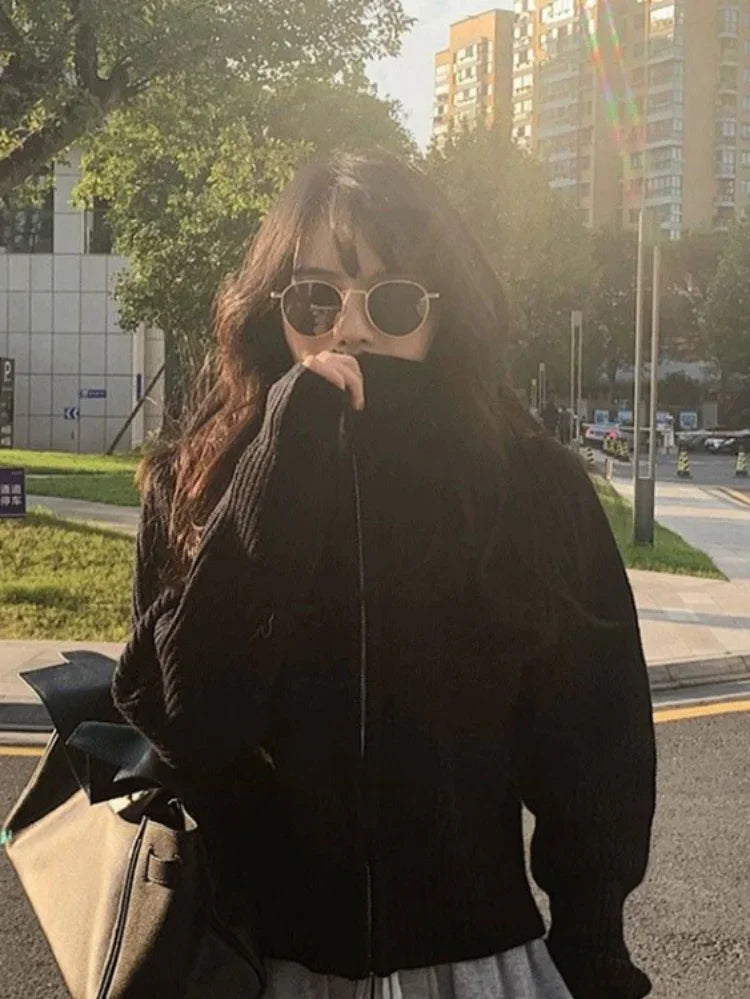 Y2k Aesthetic Harajuku Cardigan Mujer Kardigan Turtleneck Streetwear Grey Crop Tops Zipper 2025 Autumn All Match Solid  Sweater