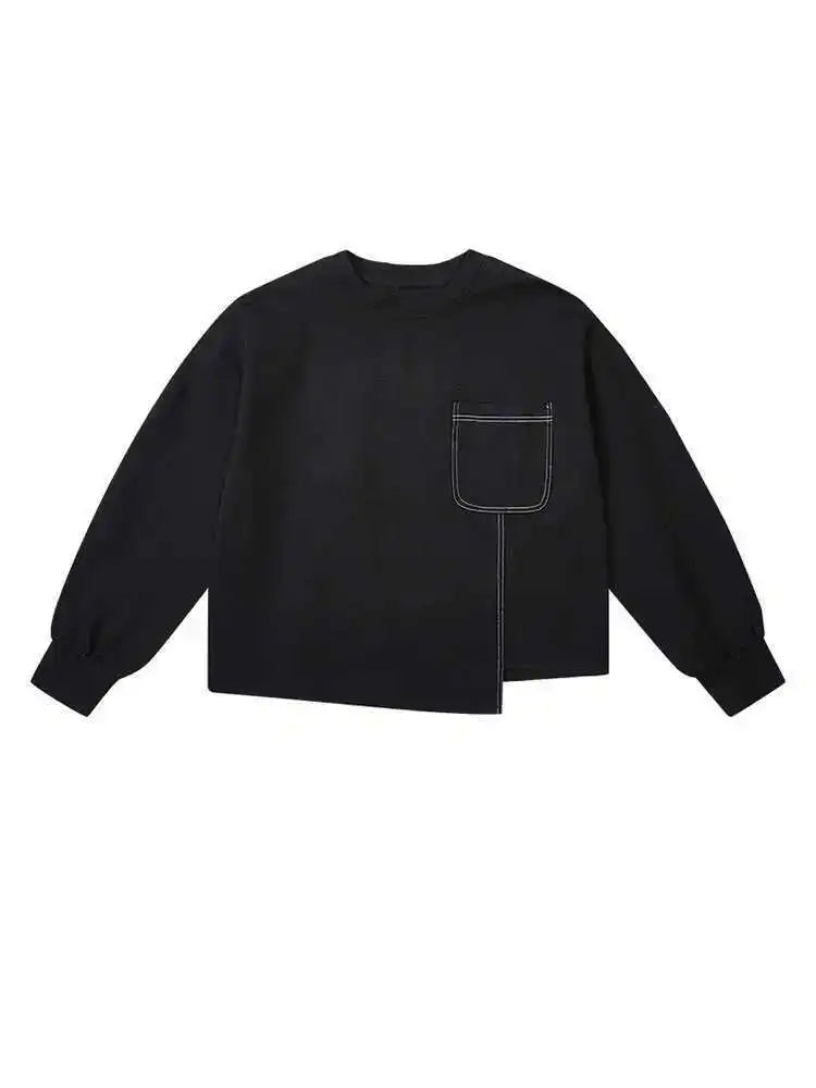 Women Black Topstitched Big Size Irregular T-shirt New Round Neck Long Sleeve Fashion Tide Spring Autumn 2025 1DF0629