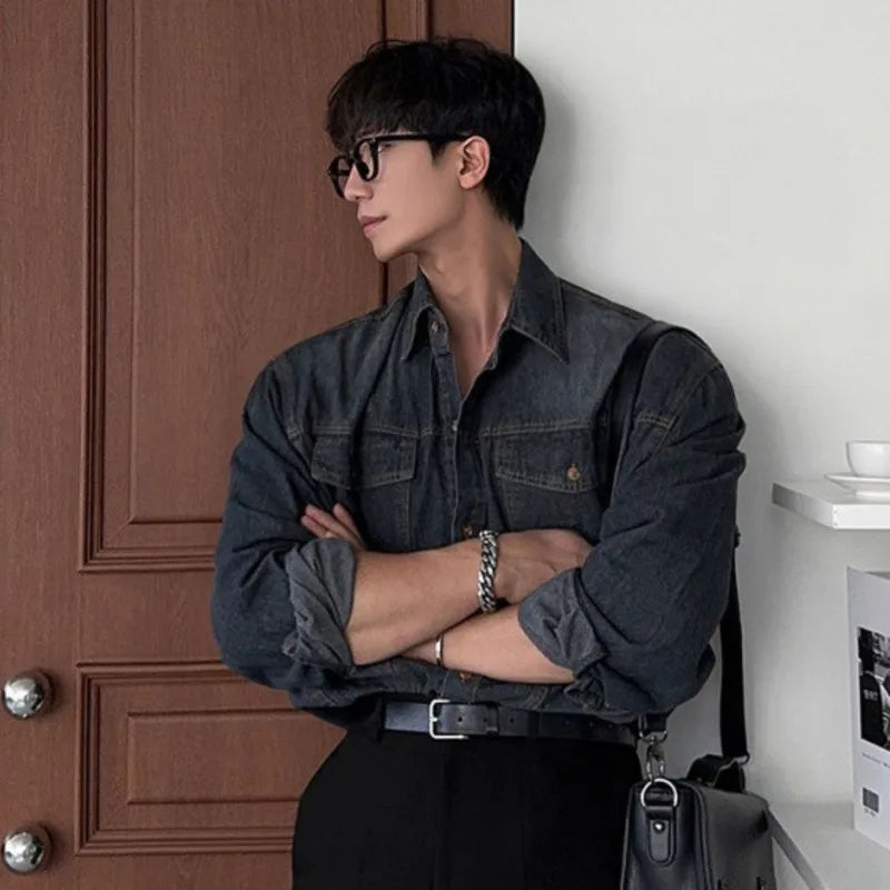 Men's Denim Shirt Solid Color Male Spring Single Breasted Shirts New Korean Turn-down Collar Loose Trendy Top 9W1450