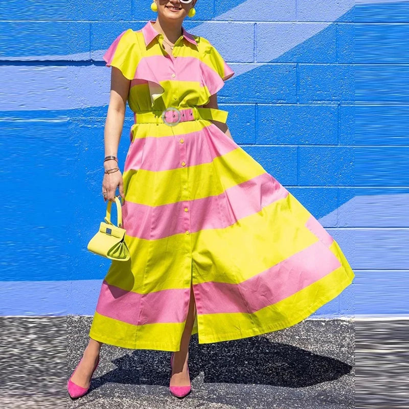 Women Contrast Color Maxi Dress 2025 Summer Elegant Pleated Stripes Belted with Pockets Party Long Dresses for Woman