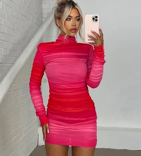 O- Neck Contrast Long Sleeve Women's Dress Party Street Stretchy Tight Ruffle Female Mini Dress Fashion Autumn 2023 New