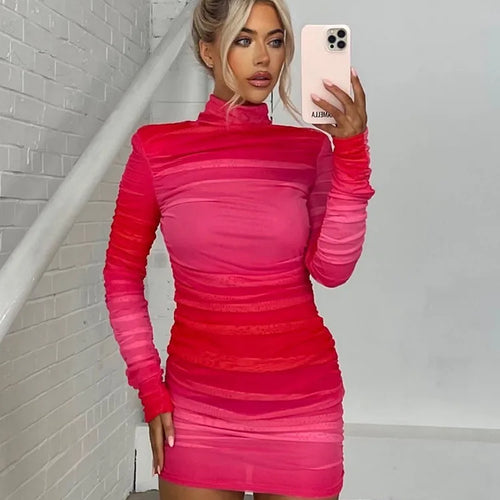 Load image into Gallery viewer, O- Neck Contrast Long Sleeve Women's Dress Party Street Stretchy Tight Ruffle Female Mini Dress Fashion Autumn 2023 New
