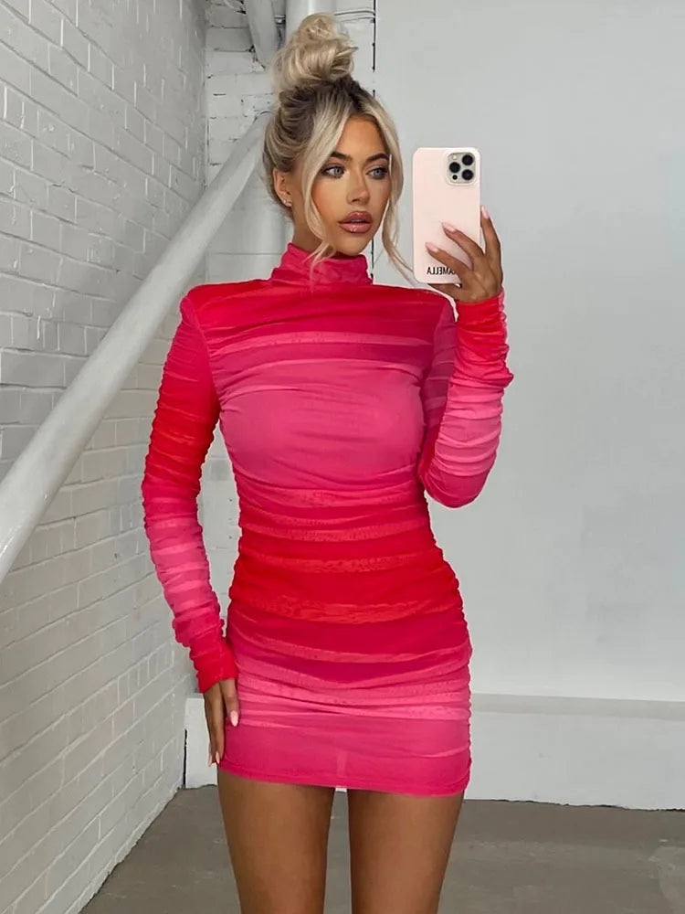 O- Neck Contrast Long Sleeve Women's Dress Party Street Stretchy Tight Ruffle Female Mini Dress Fashion Autumn 2023 New