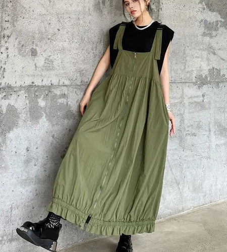 Women Green Pleated Pocket Big Size Strap Dress New Square Collar Sleeveless Fashion Tide Spring Autumn 2025 1DH6067