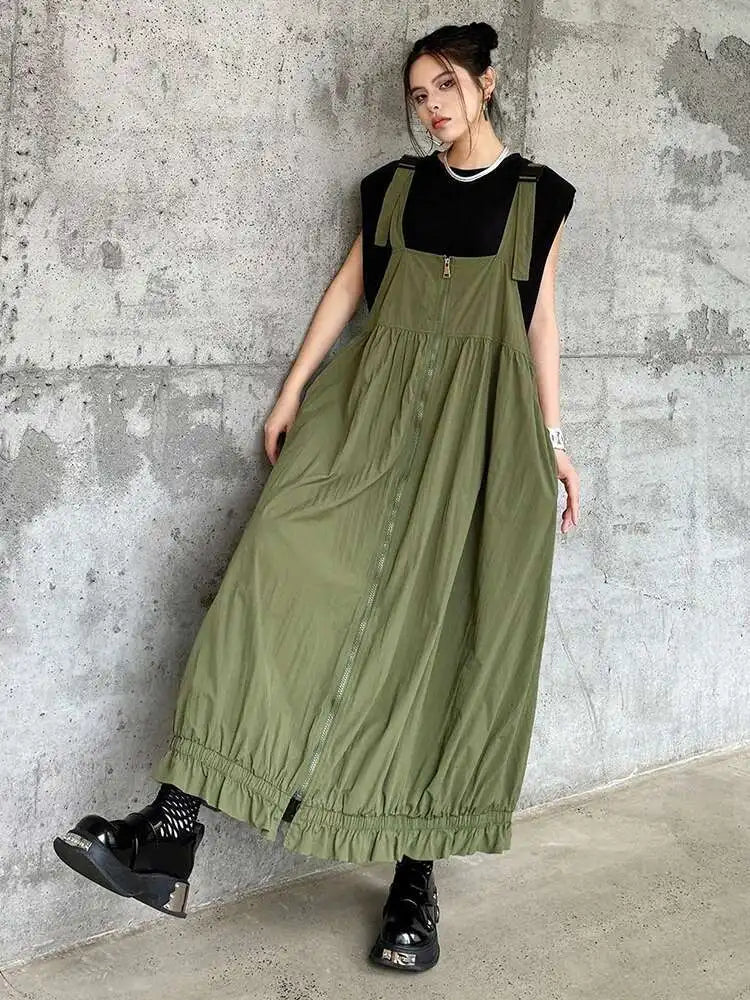 Women Green Pleated Pocket Big Size Strap Dress New Square Collar Sleeveless Fashion Tide Spring Autumn 2025 1DH6067