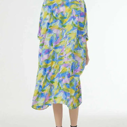 Load image into Gallery viewer, Women Blue Printed Big Size Midi Floral Dress New Stand Collar Short Sleeve Loose Fit Fashion Spring Summer 2025 1DF9379
