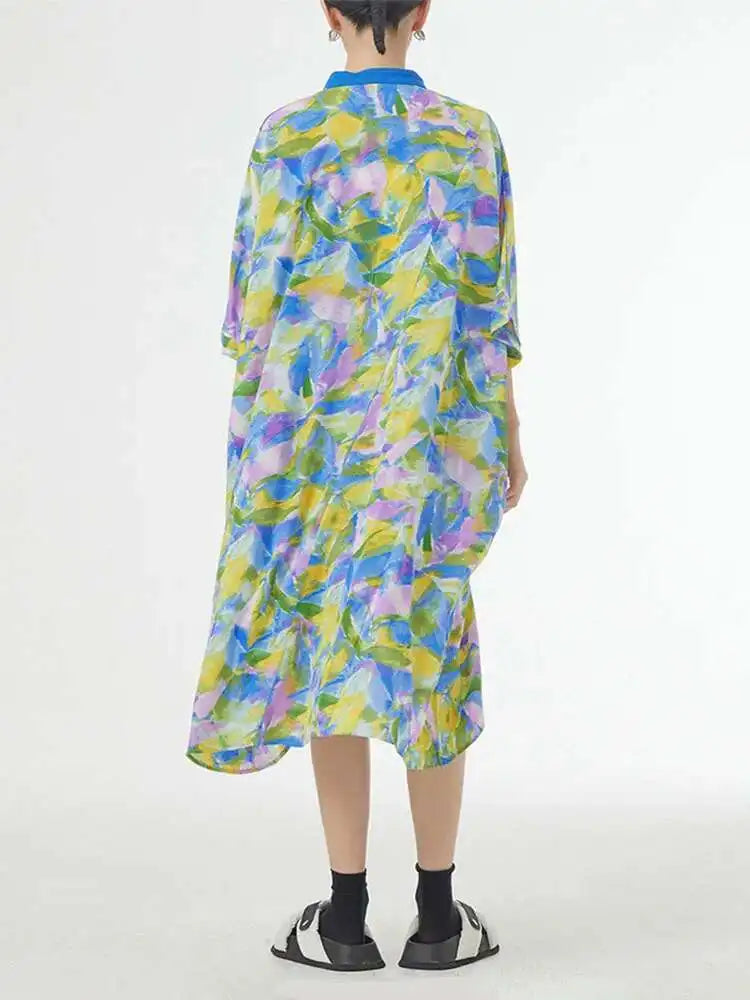 Women Blue Printed Big Size Midi Floral Dress New Stand Collar Short Sleeve Loose Fit Fashion Spring Summer 2025 1DF9379