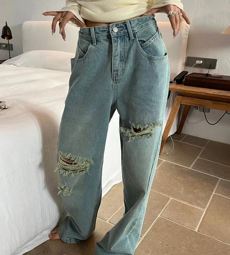 Hole Hollow Out Denim Wide Leg Pants For Women High Waist Patchwork Button Summer Jeans Female Fashion Clothing