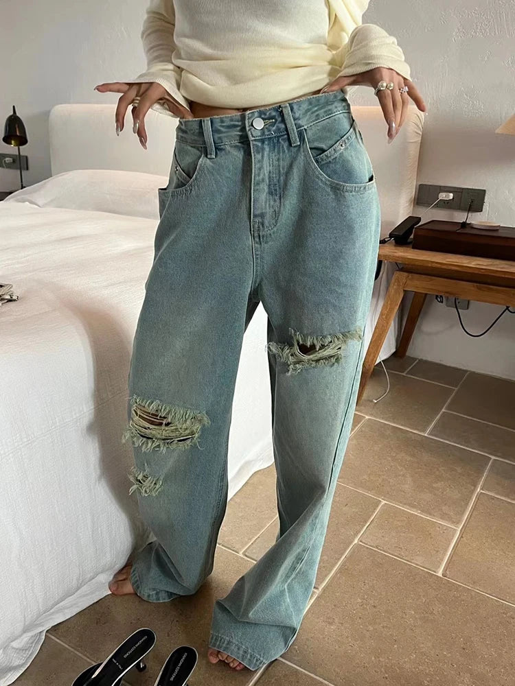 Hole Hollow Out Denim Wide Leg Pants For Women High Waist Patchwork Button Summer Jeans Female Fashion Clothing