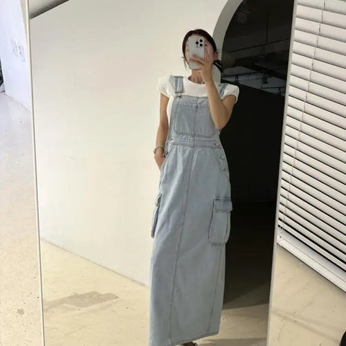 Load image into Gallery viewer, Women Blue Workwear Pocket Design Denim Straps Dress Spring Summer Sleeveless Straight Slip Long Jeans Dresses Female Vestidos
