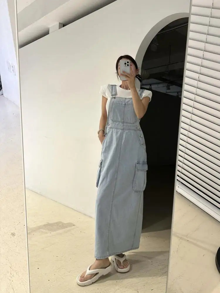 Women Blue Workwear Pocket Design Denim Straps Dress Spring Summer Sleeveless Straight Slip Long Jeans Dresses Female Vestidos