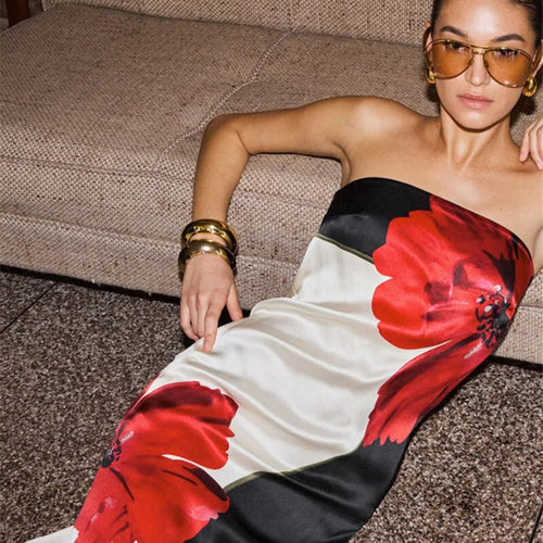 Load image into Gallery viewer, Strapless Floral Print Sexy Maxi Dress Women Gown Off-shoulder Sleeveless Backless A-line Club Long Dress Vestido
