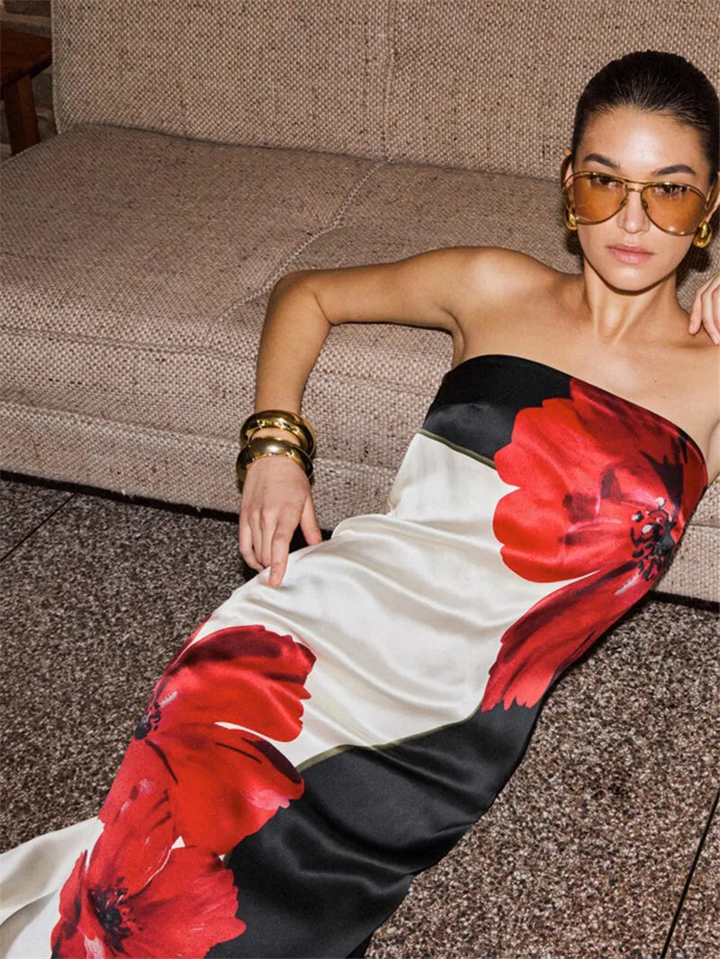 Strapless Floral Print Sexy Maxi Dress Women Gown Off-shoulder Sleeveless Backless A-line Club Long Dress Vestido