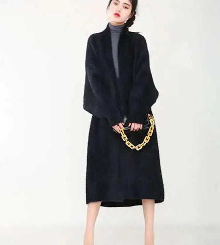 Black Big Size Long Knitting Sweater Cardigan Loose Fit V-Neck Long Sleeve Women New Fashion Spring Autumn 2025 JH2480