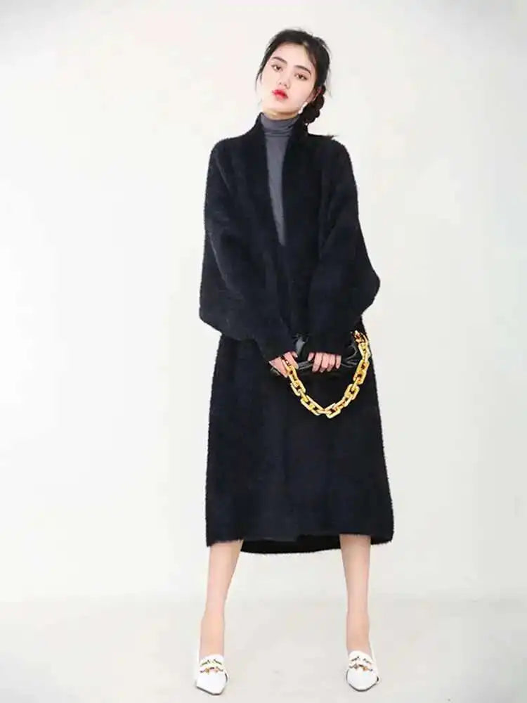 Black Big Size Long Knitting Sweater Cardigan Loose Fit V-Neck Long Sleeve Women New Fashion Spring Autumn 2025 JH2480