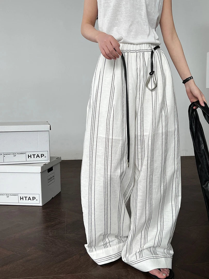 High Waist Brown Striped Linen Belted Long Wide Leg Pants New Trousers Women Fashion Tide Spring Autumn 2025 1DJ1558