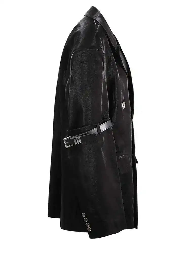 Women Black Leather Buckle Big Size Casual Blazer New Lapel Long Sleeve Jacket Fashion Tide Spring Autumn 2025  CPG1272