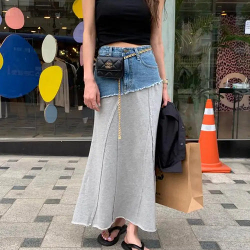Load image into Gallery viewer, Spring Summer 2023 New Vintage Elegant High Waisted Long Denim Skirt Women Jeans Patchwork Cotton Wrap Buttocks Skirts Fashion
