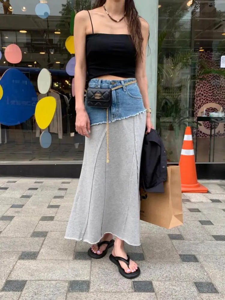 Spring Summer 2023 New Vintage Elegant High Waisted Long Denim Skirt Women Jeans Patchwork Cotton Wrap Buttocks Skirts Fashion