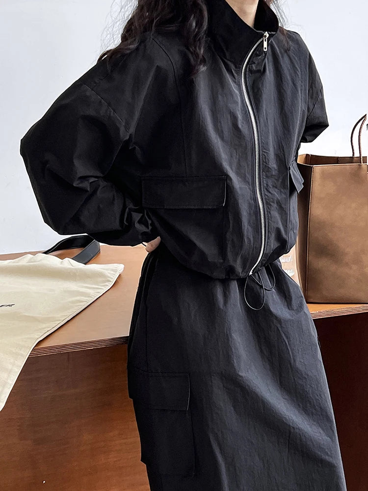 Jacket Drawstring Big Size Half-body Skirt Two Pieces Suit New Stand Collar Women Fashion Spring Autumn 2025 1DH0976