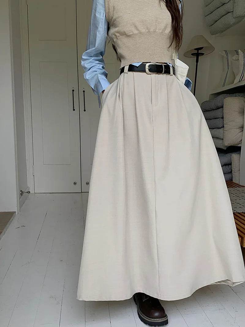 Korean Black High Waist Pleated Woman Grey Suit Skirt Female 2023 Autumn Ladies Casual Fashion Beige Festival A-line Long Skirts