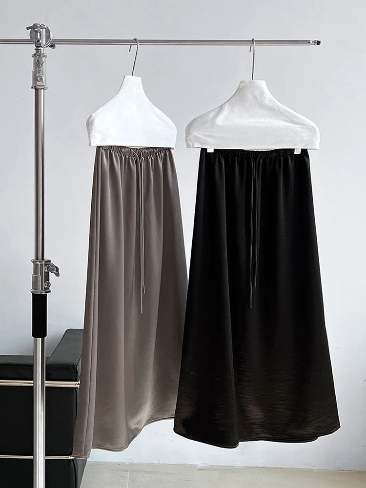 High Elastic Waist Black Satin Drawstring Elegant Half-body Skirt Women Fashion Tide New Spring Autumn 2025 1DJ0193