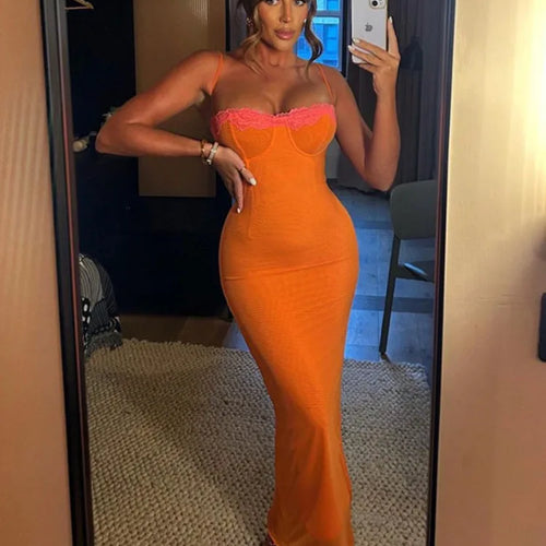 Load image into Gallery viewer, Lace Spaghetti Strap Bodycon Maxi Dress Women Robe New Patchwork Strapless Sleeveless Backless Sexy Club Party Dress

