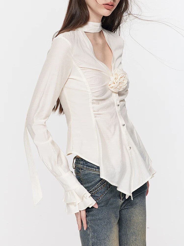 Solid Spliced Floral Blouses For Women V Neck Long Sleeve Patchwork Folds Slimming Shirt Female Fashion Clothing