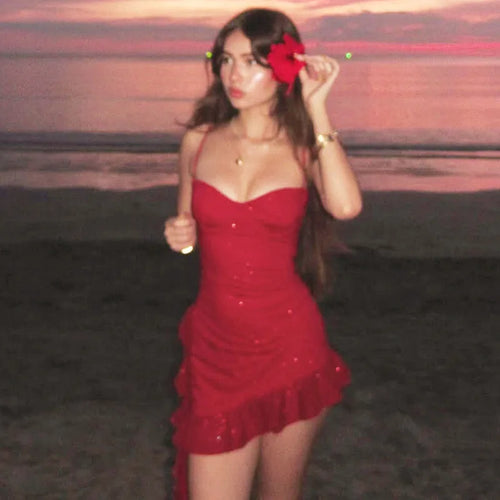 Load image into Gallery viewer, Spaghetti Strap Ruffled Sexy Mini Dress For Women Red Fashion Sleeveless Backless High Waist A-line Club Party Dress
