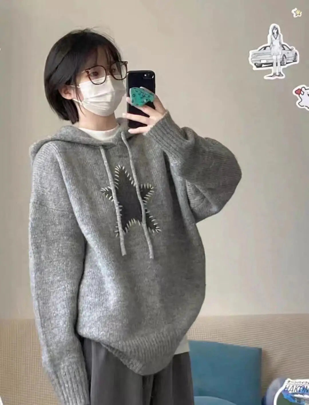 Korean Version Beige Gray Patchwork Drawstring Hoodie Sweater For Women Autumn Winter Thick Long Sleeved Knitted Pullover Tops