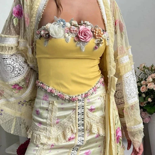 Load image into Gallery viewer, 3d Floral Appliques Bustier Top Women Luxury Vintage Summer Clothes 2024 Sexy Strapless Crop Tops Yellow C85-GZ15
