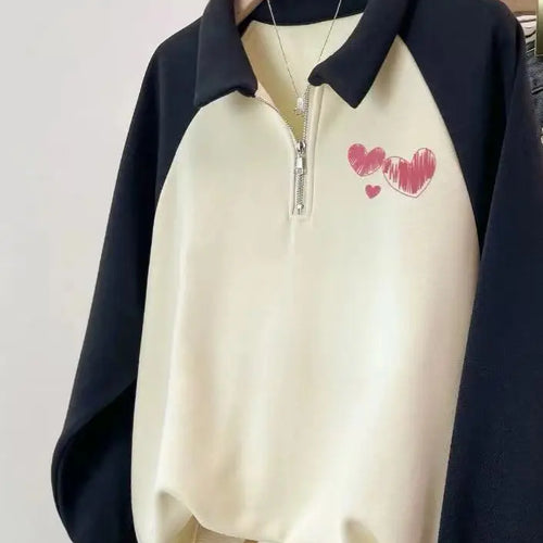 Load image into Gallery viewer, Korean Version 2024 Autumn Winter Beige Patchwork Heart-shaped Print Zipper Sweatshirt Women Long Sleeve Festival Pullover Tops
