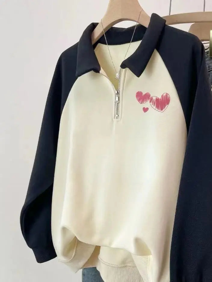 Korean Version 2024 Autumn Winter Beige Patchwork Heart-shaped Print Zipper Sweatshirt Women Long Sleeve Festival Pullover Tops