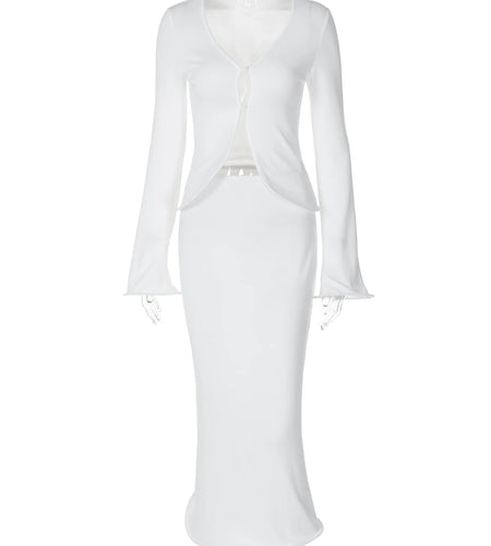 Ribbed 2 Pcs Matching Sets Solid Flare Sleeve Buttons Sexy Slim Crop Top Maxi Skirt Fall Y2K Outfits Birthday Festival