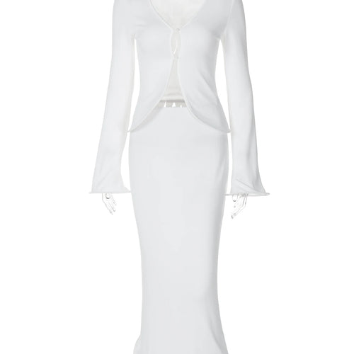 Load image into Gallery viewer, Ribbed 2 Pcs Matching Sets Solid Flare Sleeve Buttons Sexy Slim Crop Top Maxi Skirt Fall Y2K Outfits Birthday Festival
