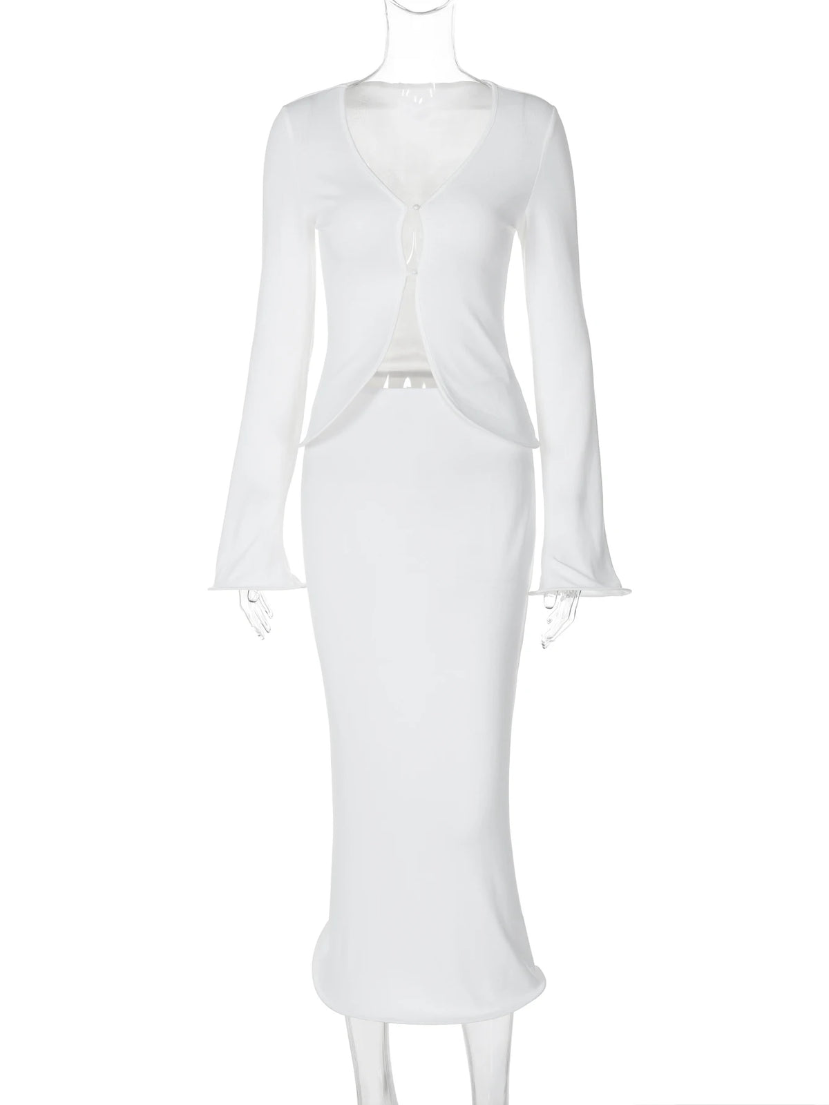 Ribbed 2 Pcs Matching Sets Solid Flare Sleeve Buttons Sexy Slim Crop Top Maxi Skirt Fall Y2K Outfits Birthday Festival