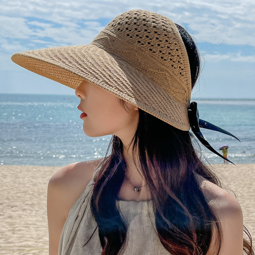 Summer Hats For Women Fashion M Letter Bow Design Straw Hat  Empty Top Sun Hat Travel Beach Hat