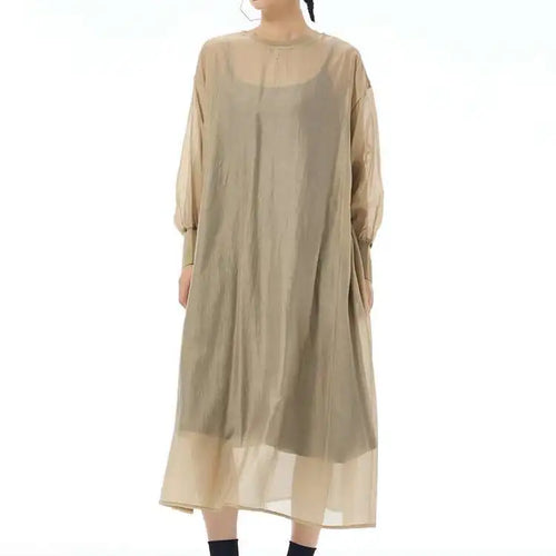 Load image into Gallery viewer, Women Khaki Mesh Perspective Big Size Thin Dress New Round Neck Long Sleeve Fashion Tide Spring Autumn 2025 1DH7412
