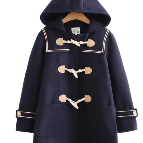 Load image into Gallery viewer, JK Style Girls Warm Wool Blends Straight Women Long Hooded Coat Jacket 2023 Winter Belt Button Female Warmness Preppy Outwear
