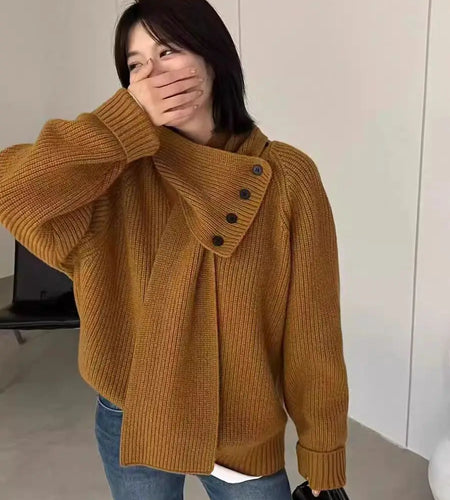 2024 Autumn Winter New Solid Scarf Neck Sweater Korean Version Loose Fashion Long Sleeve Pullovers Knitted Tops Ladies Clothes